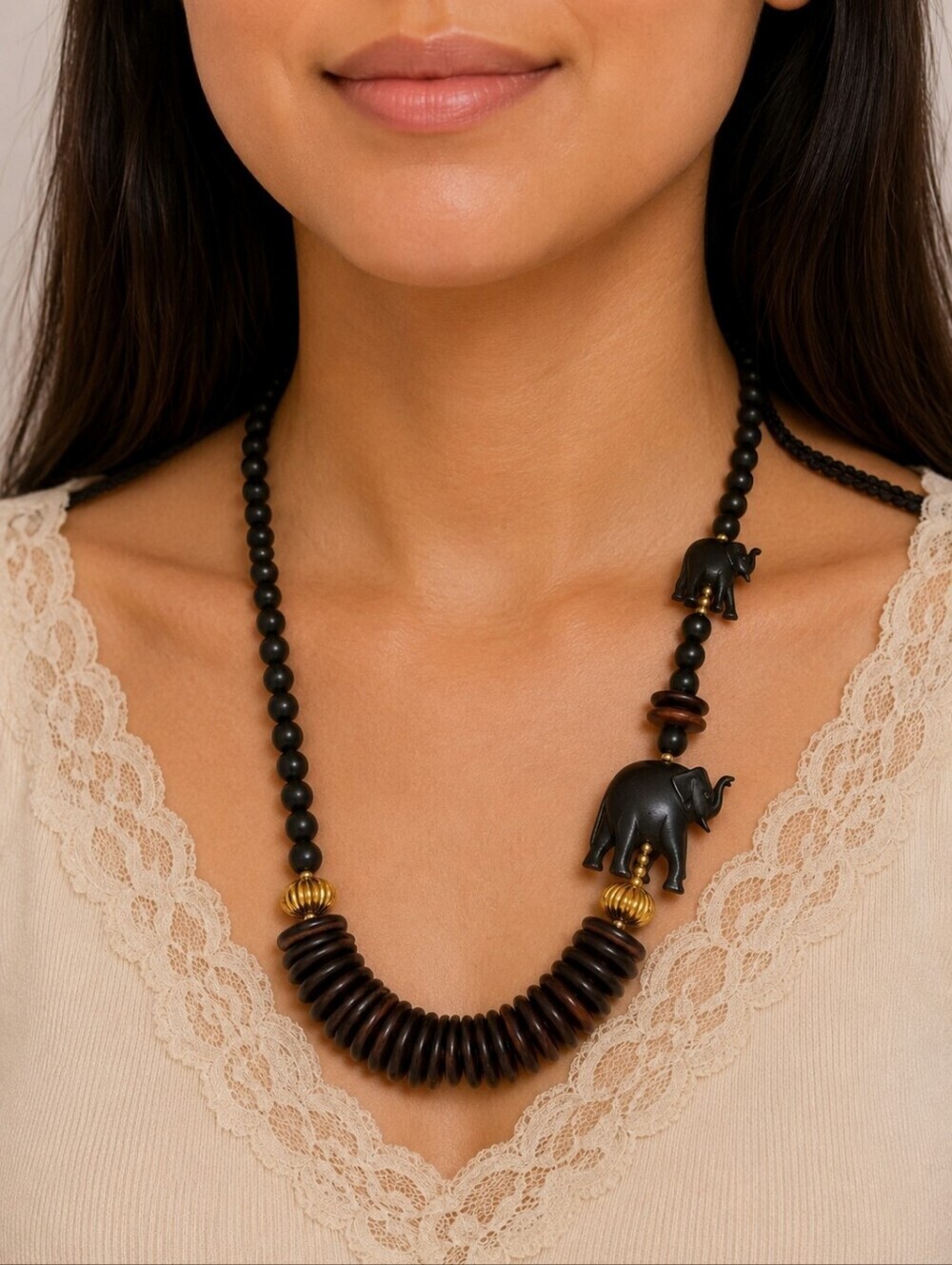 Vintage 1970s Black Carved Elephant Wood Beaded Tribal African Necklace